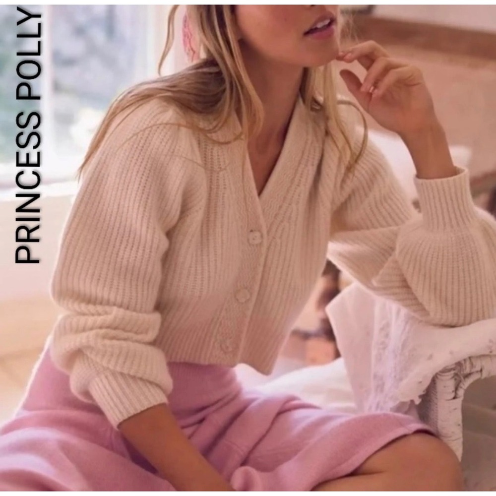 Princess Polly Women's XS/S Blush Pink Ribbed Cropped Cardigan Balloon Sleeve